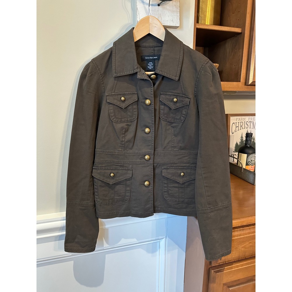 Calvin Klein Women's S Brown Military Cotton Stretch‎ Field Jacket Gold Buttons